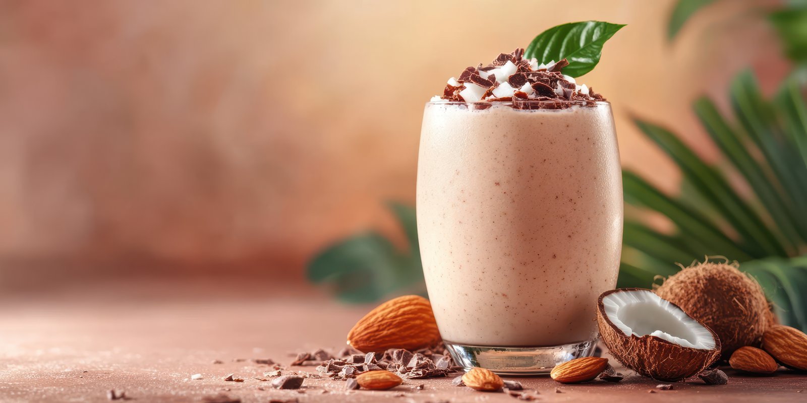 Delicious homemade smoothie topped with whipped cream and chocolate shavings on a rustic table